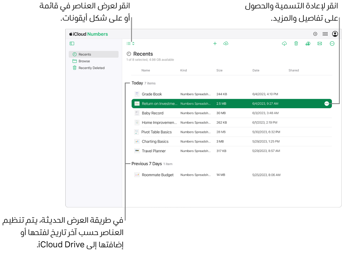 يظهر مدير جداول بيانات Numbers لـ iCloud، مع تحديد "الحديثة" في الشريط الجانبي الموجود على اليمين. تظهر تسعة جداول بيانات، مجمعة حسب الفئات، اليوم وإبريل ويناير، ويظهر زر المزيد (ثلاث نقاط) في الزاوية العلوية اليسرى لجدول البيانات المحدد.