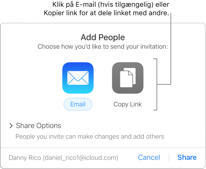 Det vindue, der vises, når du klikker på knappen Samarbejde på værktøjslinjen (før et regneark deles). Knapperne E-mail og Kopier link giver dig mulighed for at vælge, hvordan du vil dele regnearket.