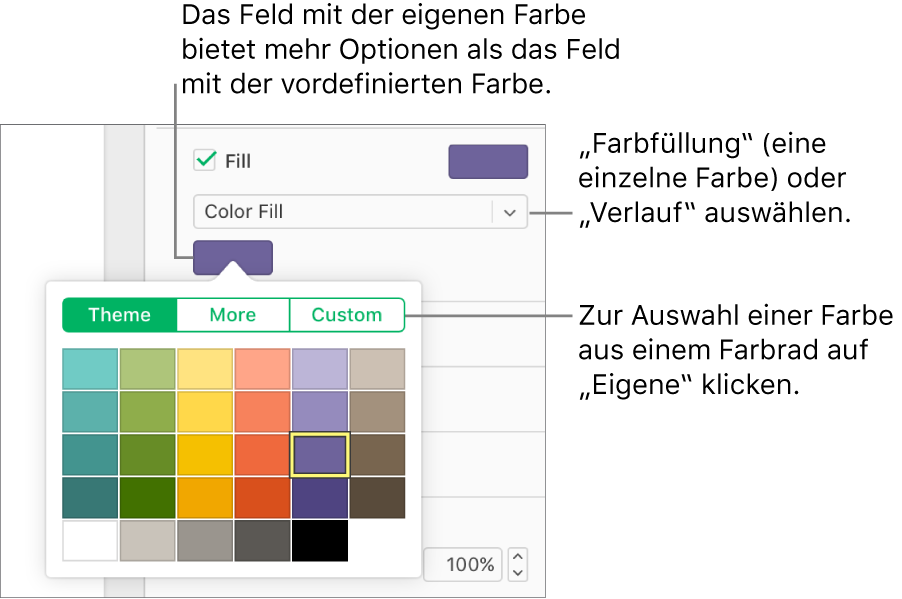 „Füllfarbe“ ist im Einblendmenü unter dem Markierungsfeld „Füllen“ ausgewählt und das Farbfeld unter dem Einblendmenü zeigt weitere Farbfülloptionen an.