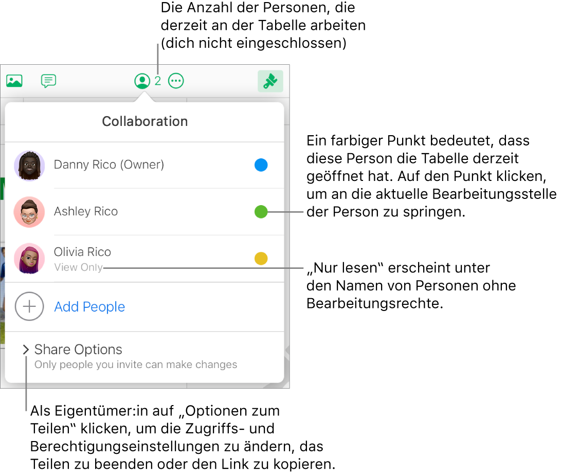 Das Menü „Zusammenarbeit“ ist geöffnet, eine Liste mit drei Teilnehmern (einer davon mit der Berechtigung „Nur lesen“), eine Option für „Personen hinzufügen“ und ein Bereich „Freigabe-Optionen“, indem die Verantwortlichen die Zugriffs- und Berechtigungseinstellungen ändern können, werden angezeigt.