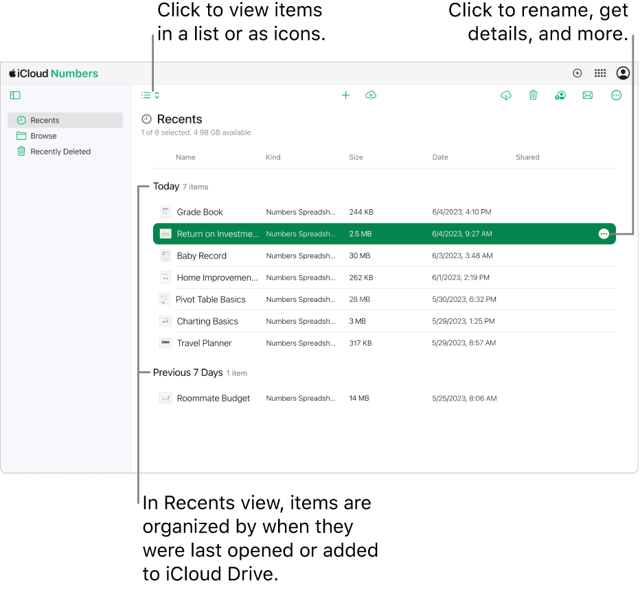 Numbers for iCloud spreadsheet manager, with Recents selected in the sidebar on the left. Nine spreadsheets are shown, grouped by categories—Today, April, and January, and a More button (three dots) is visible in the upper-right corner of the selected spreadsheet.