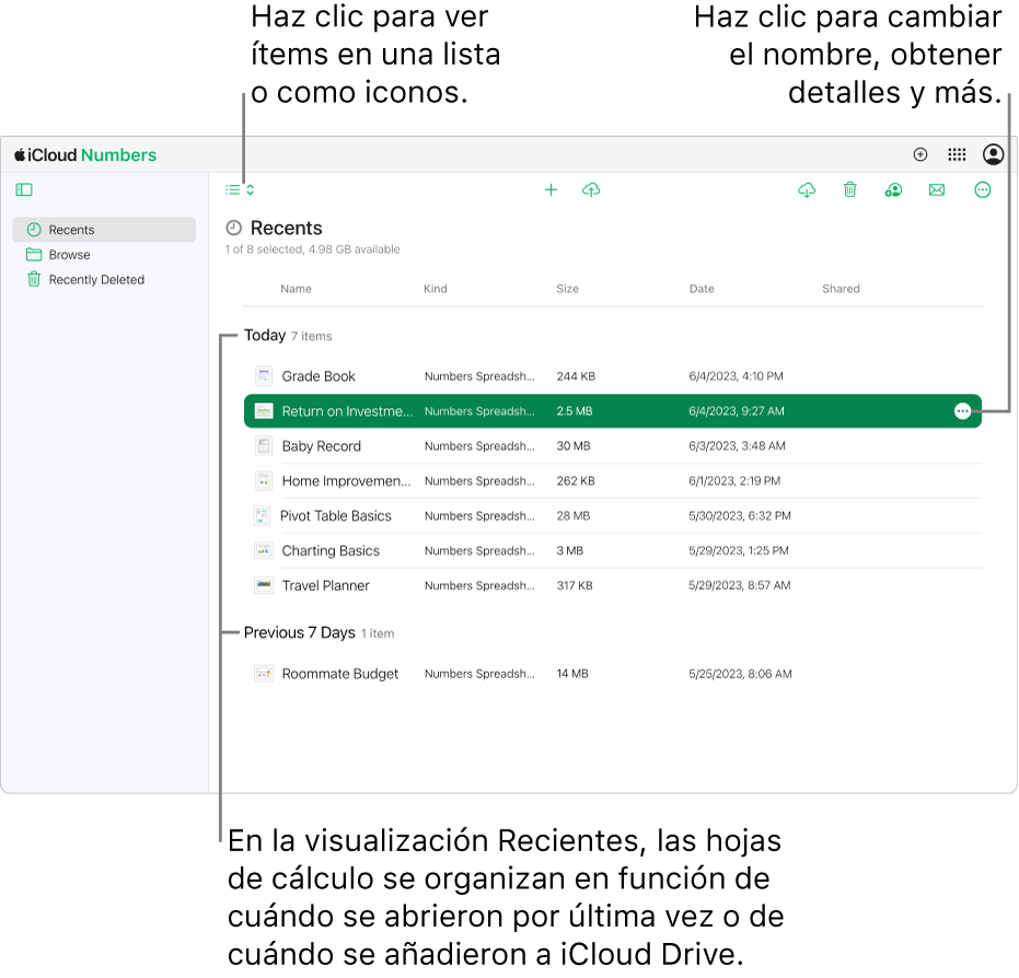 Gestor de hojas de cálculo de Numbers para iCloud con Recientes seleccionado en la barra lateral de la izquierda. Se muestran nueve hojas de cálculo, agrupadas por categorías: Hoy, Abril y Enero, y está visible un botón Más (tres puntos) en la esquina superior derecha de la hoja de cálculo seleccionada.