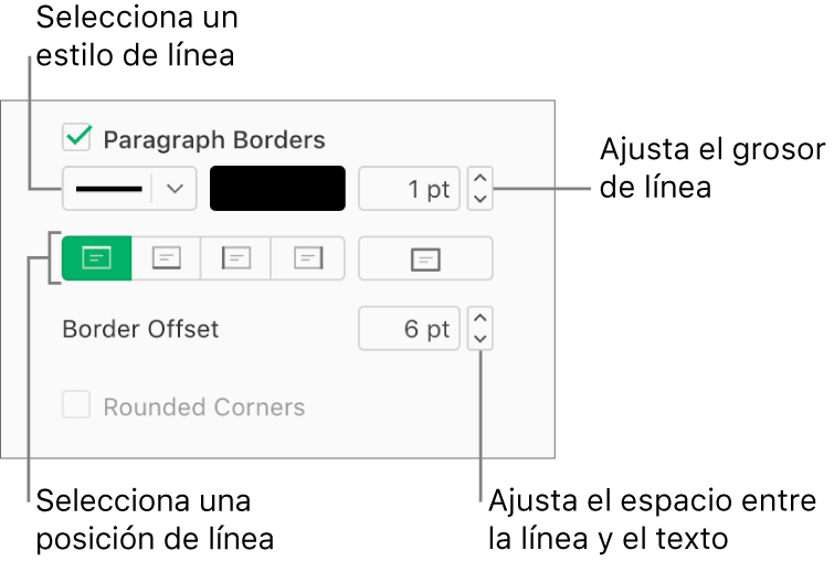 La casilla de verificación “Bordes de párrafo” está seleccionada en la pestaña Formato y, debajo de la casilla de verificación, aparecen controles para cambiar el estilo, el color, el grosor, la posición y la separación del texto.