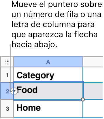 En una tabla se ha seleccionado un número de fila y la flecha abajo se ve a su derecha.