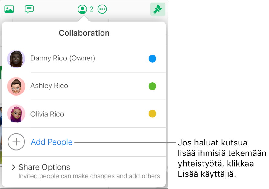 Yhteistyövalikko avoinna, osallistujaluettelon alla on Lisää henkilöitä -valinta.