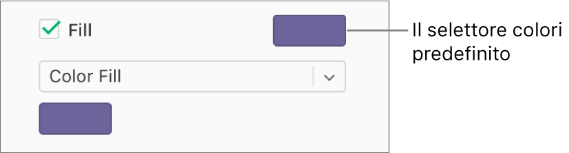 Il riquadro Riempimento è selezionata e l'area dei colori predefinita a destra della casella ha un riempimento di colore viola. Sotto il riquadro, viene selezionato Riempimento colore in un menu a comparsa.