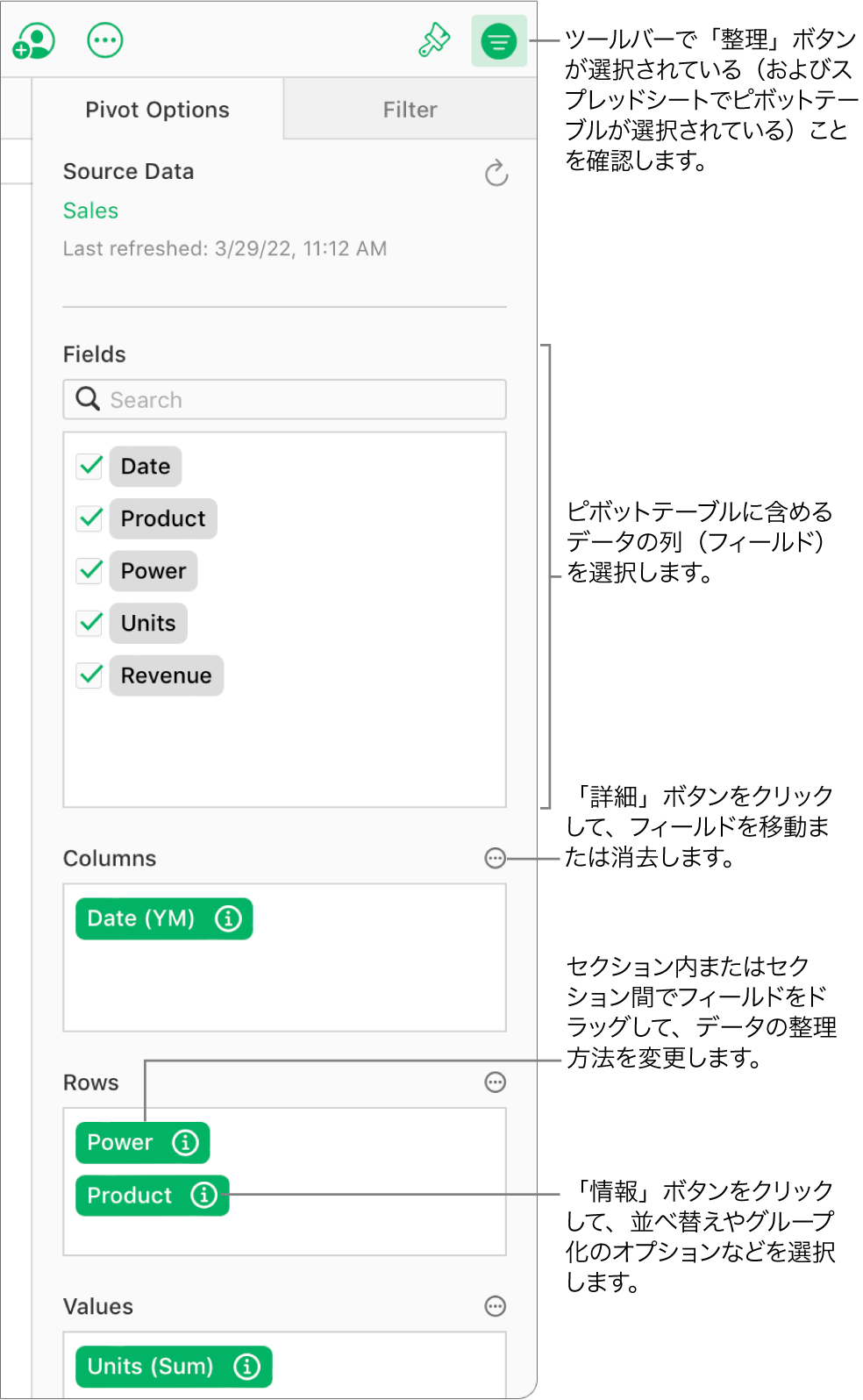 「整理」サイドバーの「ピボットオプション」タブには、「列」、「行」、「値」セクションにフィールドが表示されるとともに、フィールドを編集してピボットテーブルを更新するための「情報」ボタンと「詳細」ボタンが表示されています。