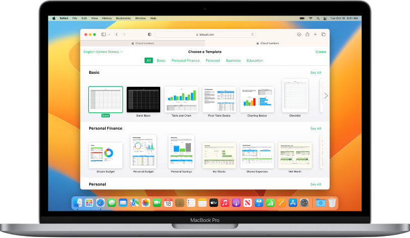 De sjabloonkiezer staat open en geeft een reeks voorbeeldspreadsheets weer om uit te kiezen.