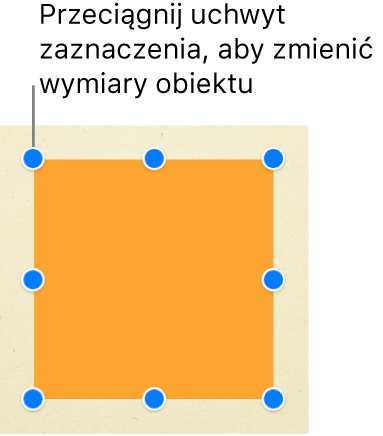 Kwadratowy obiekt z uchwytami zaznaczania widocznymi w każdym rogu i na środku każdej krawędzi.