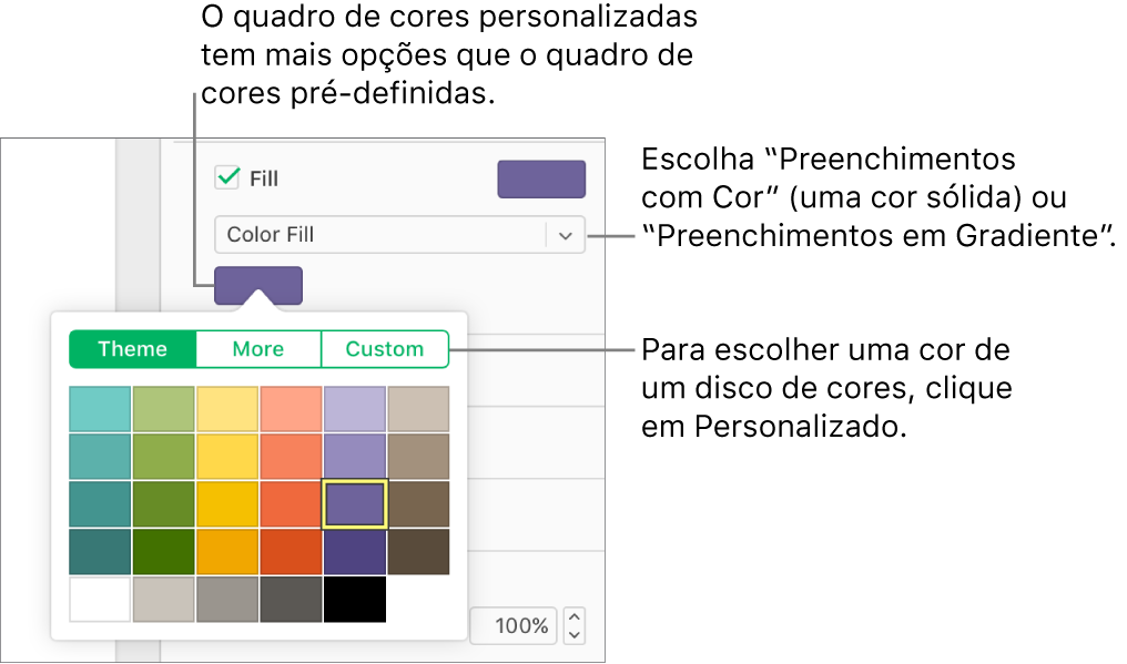 Colorido está selecionado no menu pop-up abaixo da caixa de seleção Preencher, e o seletor de cores abaixo do menu pop-up mostra opções adicionais de preenchimento de cor.