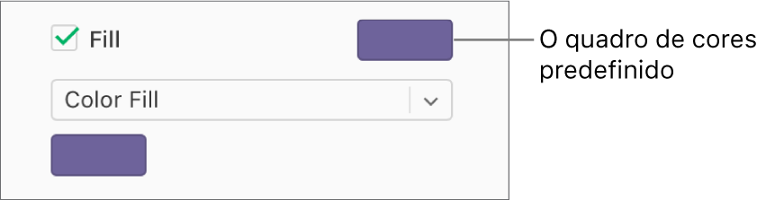 A caixa de seleção Preencher está marcada na barra lateral, e o seletor de cores predefinidas à direita da caixa de seleção está preenchido com a cor roxa. Abaixo da caixa de seleção, Colorido está escolhido em um menu pop-up.