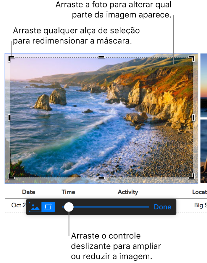 Uma imagem selecionada com controles de máscara visíveis na parte inferior. Textos explicativos indicam uma alça de seleção de canto, o limite da imagem e o controle deslizante do controle de máscara.