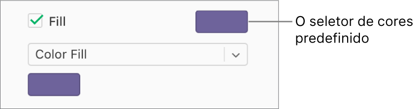 A opção “Preencher” está assinalada na barra lateral e o seletor de cores predefinido à direita da opção assinalável está preenchido a roxo. Sob a opção assinalável, a opção Preenchimento de cor está selecionada no menu pop-up.