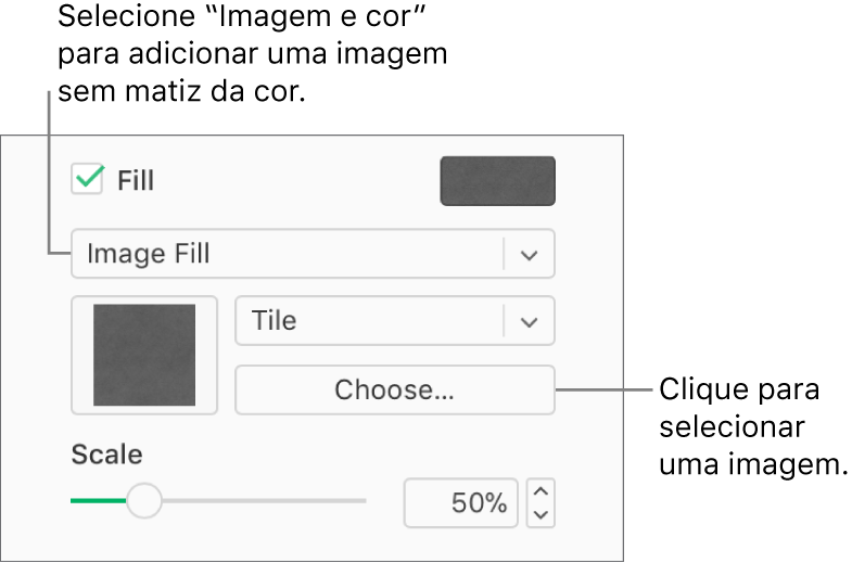 A opção Preencher está assinalada na barra lateral e a opção Preenchimento com imagem está selecionada no menu pop-up sob a opção assinalável. Os controlos para selecionar a imagem, a forma como preenche o objeto e a escala da imagem, são apresentados sob o menu pop-up. Uma pré-visualização do preenchimento com imagem aparece no quadrado (após uma imagem ser escolhida).