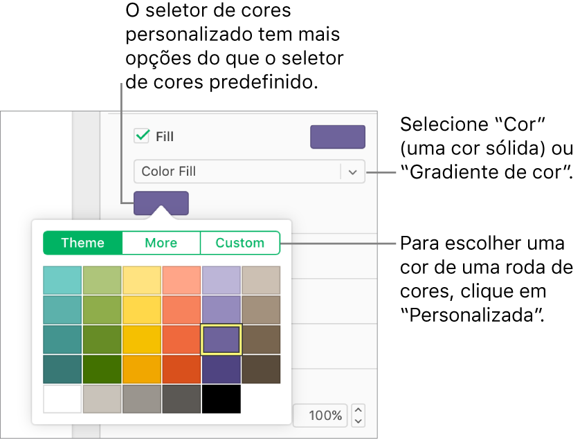 A opção Preenchimento de cor está selecionada no menu pop-up sob a opção assinalável Preenchimento e a paleta de cores sob o menu pop-up apresenta opções adicionais de preenchimento de cor.