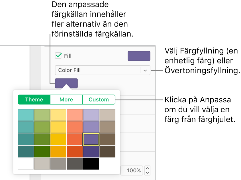 Färgfyllning har valts i popupmenyn Fyllning och färgkällan nedanför popupmenyn visar ytterligare alternativ för färgfyllning.