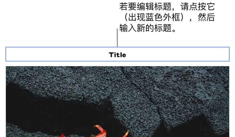 占位符标题“标题”出现在照片上方；标题字段周围的蓝色外框表示已选中。