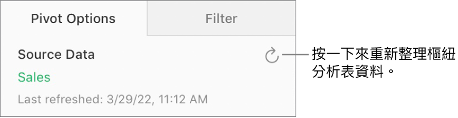 「重新整理」按鈕位於「樞紐分析選項」標籤頁的右上角。