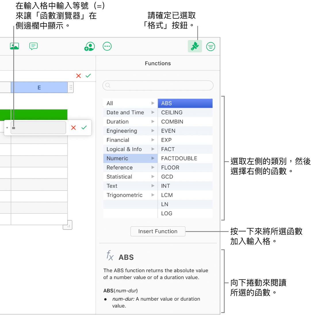 等號出現在表格輸入格中，工具列中已選取「格式」按鈕，且「函數瀏覽器」出現在右方「格式」側邊欄中。已選取絕對值函數。函數說明會出現在函數列表下方。