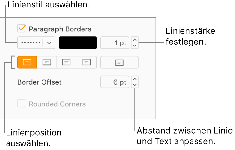 Das Markierungsfeld „Absatzränder“ ist im Tab „Layout“ der Seitenleiste „Format“ aktiviert, und unter dem Markierungsfeld erscheinen Steuerelemente zum Ändern der Linienart, -farbe, -stärke, -position, -farbe und des Versatzes.