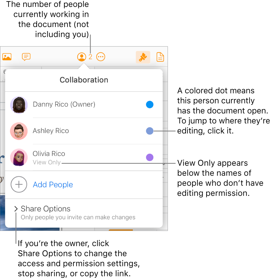 The Collaboration menu open, with a list of three participants (one with View Only access privileges), an option to Add People, and a Share Options section.