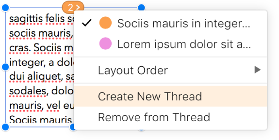 The second text box in a thread is selected, and a pop-up menu next to the circle at the top of the text box is open. In the pop-up menu, the Create New Thread menu item is selected.