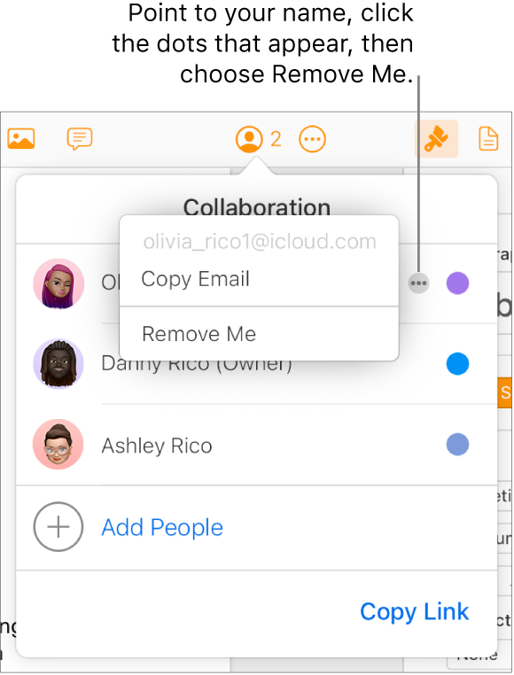 The Collaboration menu open, with the More button to the right of the first participant clicked, and a Remove Me option available.