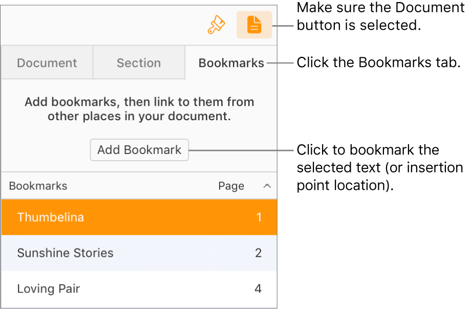 The Bookmarks tab is selected in the Document sidebar. The Add Bookmark button appears above a list of bookmarks that have already been added to the document.