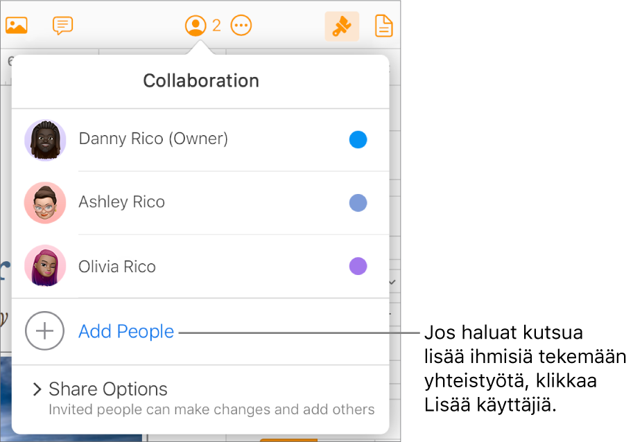 Yhteistyövalikko avoinna, osallistujaluettelon alla on Lisää henkilöitä -valinta.