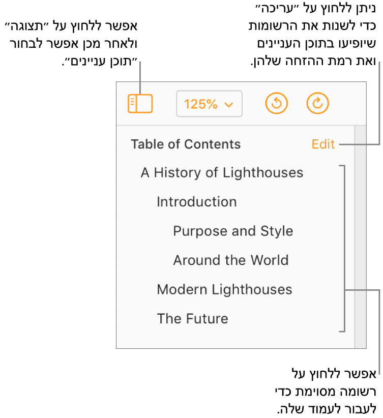 תוכן העניינים פתוח בסרגל הצד השמאלי, עם ערכים של כותרת המסמך וחמש כותרות נוספות.