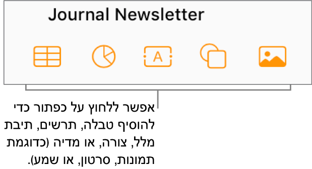 הכפתורים ״טבלה״, ״תרשים״, ״מלל״, ״צורה״ ו״מדיה״ בסרגל הכלים.
