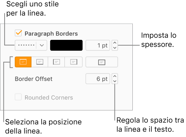 La casella “Bordi paragrafo” è selezionata nel pannello Layout della barra laterale Formato e i controlli per modificare lo stile, il colore, lo spessore, la posizione e la distanza dal testo sono visualizzati sotto alla casella.