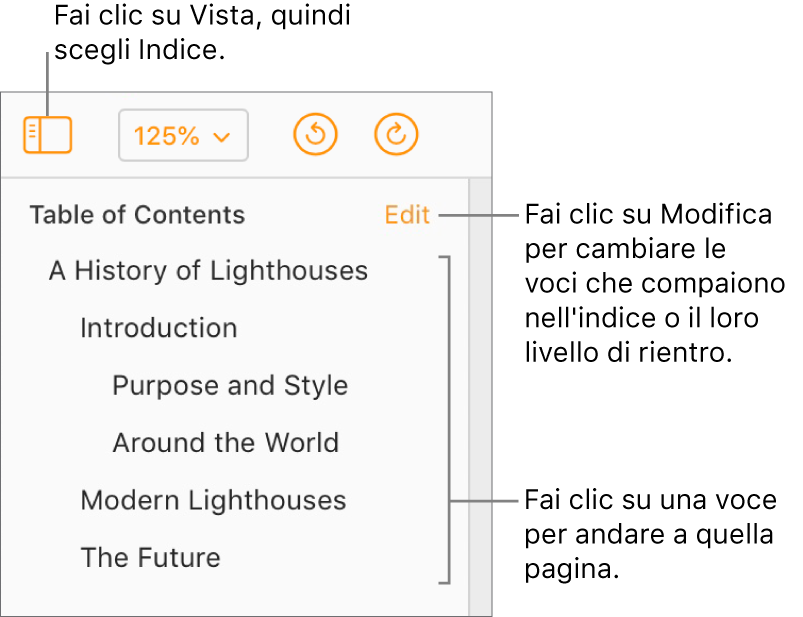 L'Indice è aperto nella barra laterale sinistra con voci per il titolo del documento e per cinque altre intestazioni.