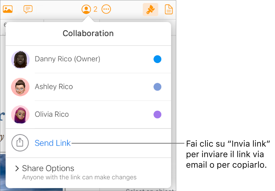 Il menu Collaborazione aperto, con un'opzione “Invia link” sotto l'elenco dei partecipanti.
