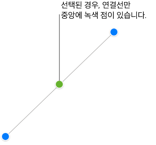 직선 연결선을 선택한 경우: 양쪽 끝에 파란색 선택 영역 핸들이 나타나고 중앙에 녹색 점이 표시됩니다.