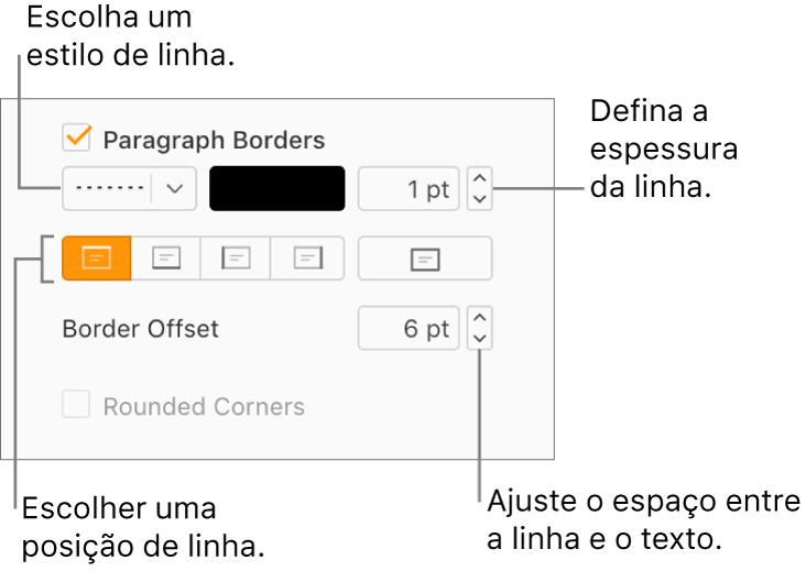 A caixa de seleção Bordas do Parágrafo está selecionada na aba Layout da barra lateral Formatar e os controles para alterar o estilo, a cor, a espessura, a posição e o deslocamento do texto são mostrados abaixo da caixa de seleção.