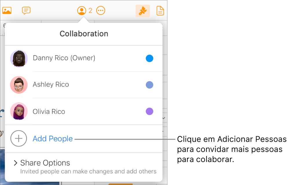 O menu Colaboração aberto, com a opção Adicionar Pessoas abaixo da lista de participantes.