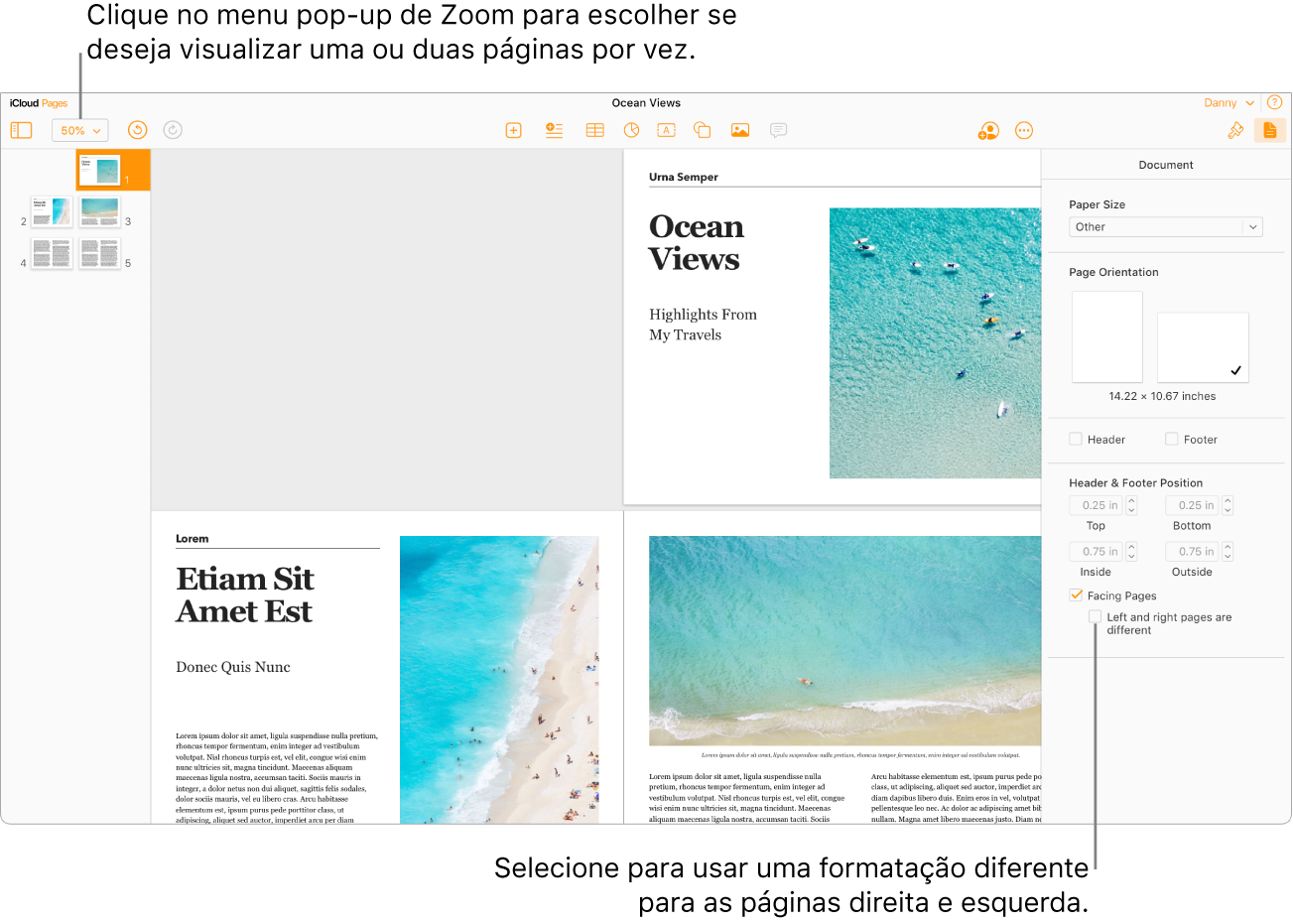 A janela Pages for iCloud com miniaturas de páginas e páginas de documentos visualizadas como spread de duas páginas. Na barra lateral Documento à direita, a caixa “As páginas da esquerda e direita são diferentes” está desmarcada.