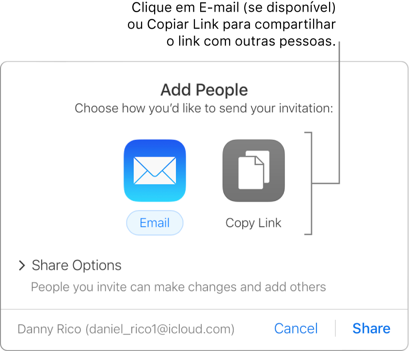 A janela que aparece quando você clica no botão Colaboração na barra de ferramentas (antes de um documento ser compartilhado). Os botões E-mail e Copiar link permitem que você escolha como compartilhar o documento.