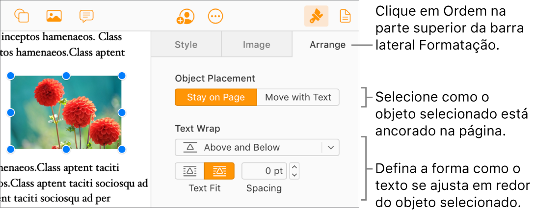 Uma imagem está selecionada no corpo do documento; o separador Organização da barra lateral Formato apresenta o objeto definido como Ficar na página com o texto moldado por cima e por baixo do objeto.