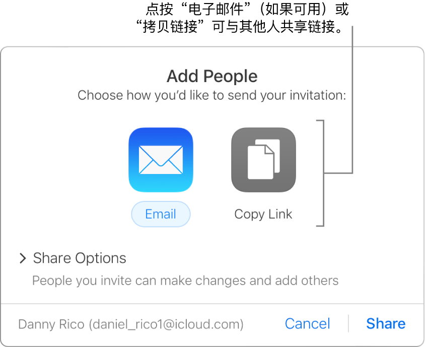 当你在工具栏中点按“协作”按钮时，会显示此窗口（在共享文稿之前）。“电子邮件”和“拷贝链接”按钮允许你选取共享文稿的方式。