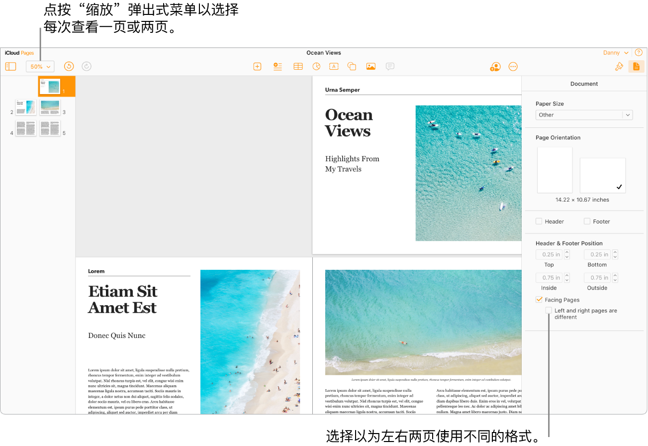iCloud 版 Pages 文稿窗口，其中显示了页面缩略图和视为跨页的文稿页面。在右侧的“文稿”边栏中，“左页和右页不同”复选框处于未选中状态。