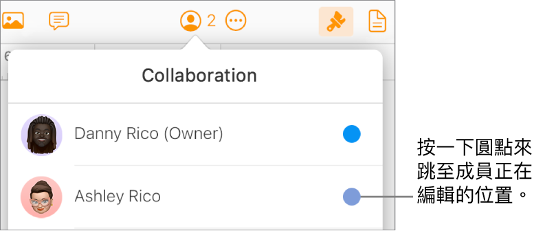 「合作」選單打開，顯示兩位參與者，各名稱右側有不同顏色的圓點。