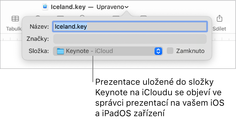 Ukládací dialogové okno pro prezentaci aplikace Keynote s vybranou položkou iCloud v místní nabídce „Kde“