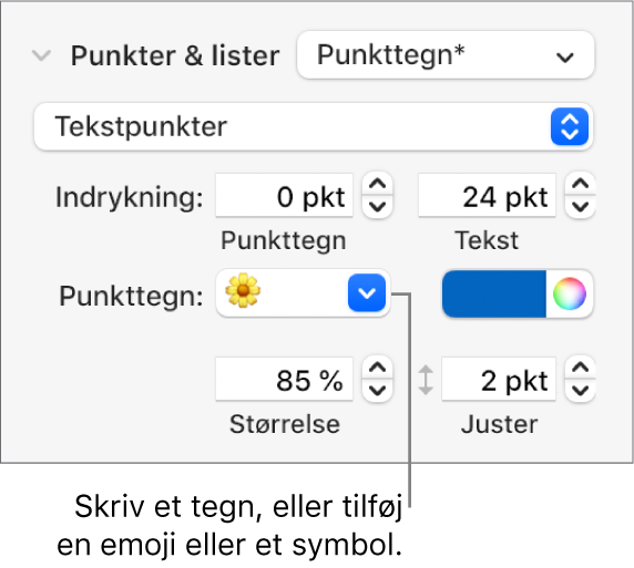 Sektionen Punkter & lister i indholdsoversigten Format. I feltet Punkttegn vises emoji-symbolet Blomst.