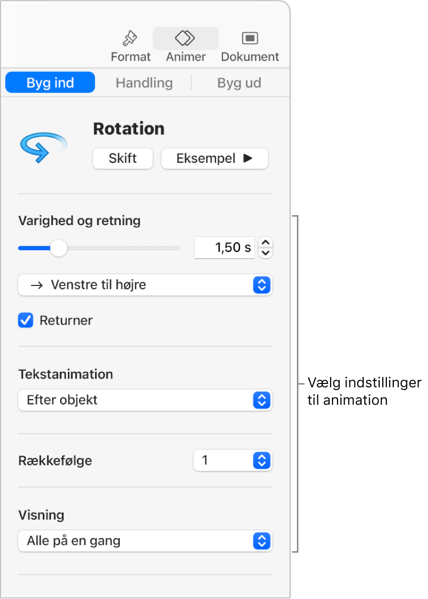 Muligheder til Byg ind under Animer i indholdsoversigten.