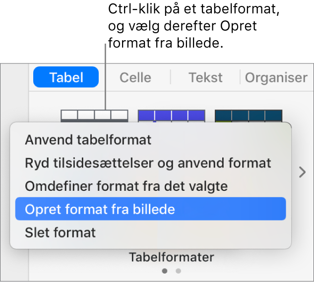 Genvejsmenuen til tabelformater.