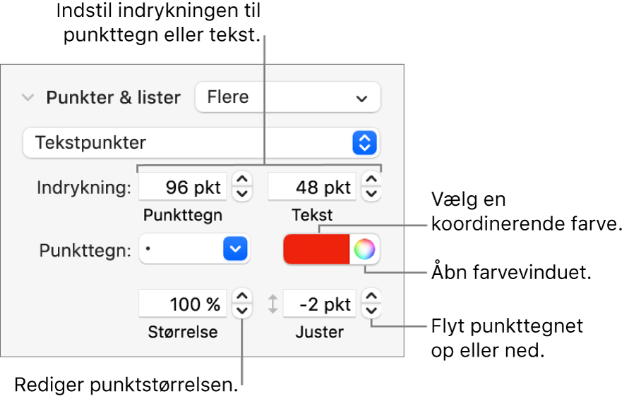 Punkter & lister med billedforklaringer til betjeningsmulighederne til indrykning af punkttegn og tekst, farve og størrelse på punkttegn og justering.