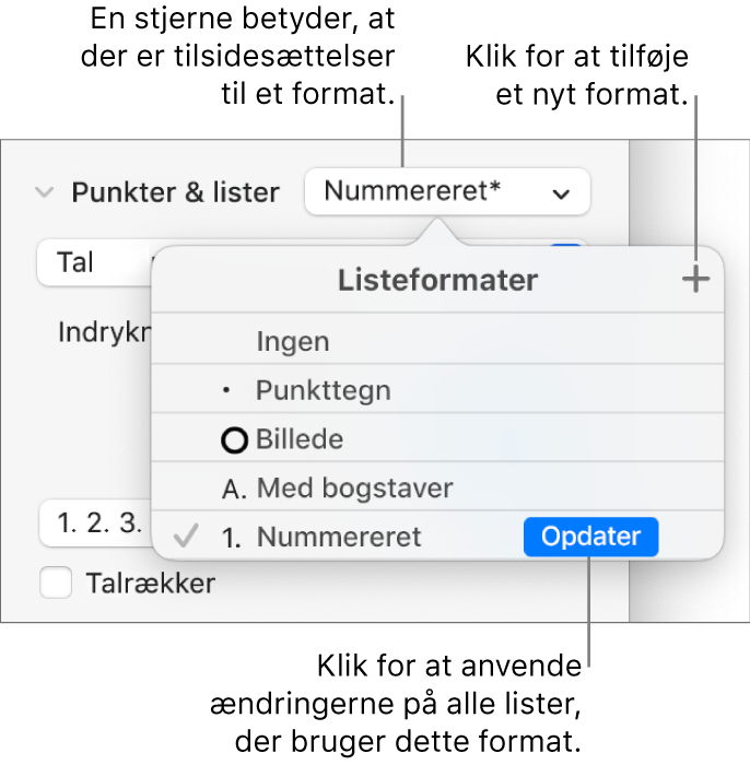 Lokalmenuen Listeformater med en stjerne, der viser en tilsidesættelse, en billedforklaring til knappen Nyt format og en undermenu med muligheder til styring af formater.