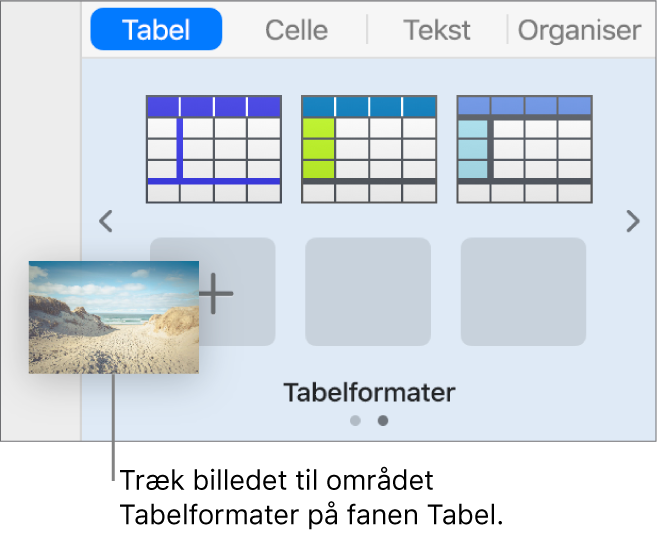 Et billede trækkes til tabelformaterne for at oprette et nyt format.